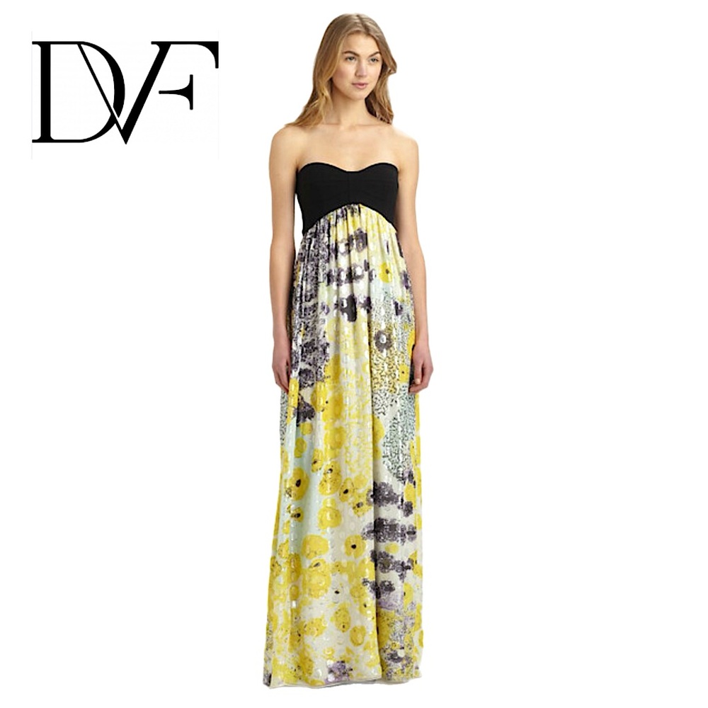 NWT Diane Von Furstenberg Asti Silver Dot & yellow Maxi Strapless Gown w/ bodice